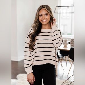 Pink Lily- Tan w/ Black Stripes Sweater- Size Medium